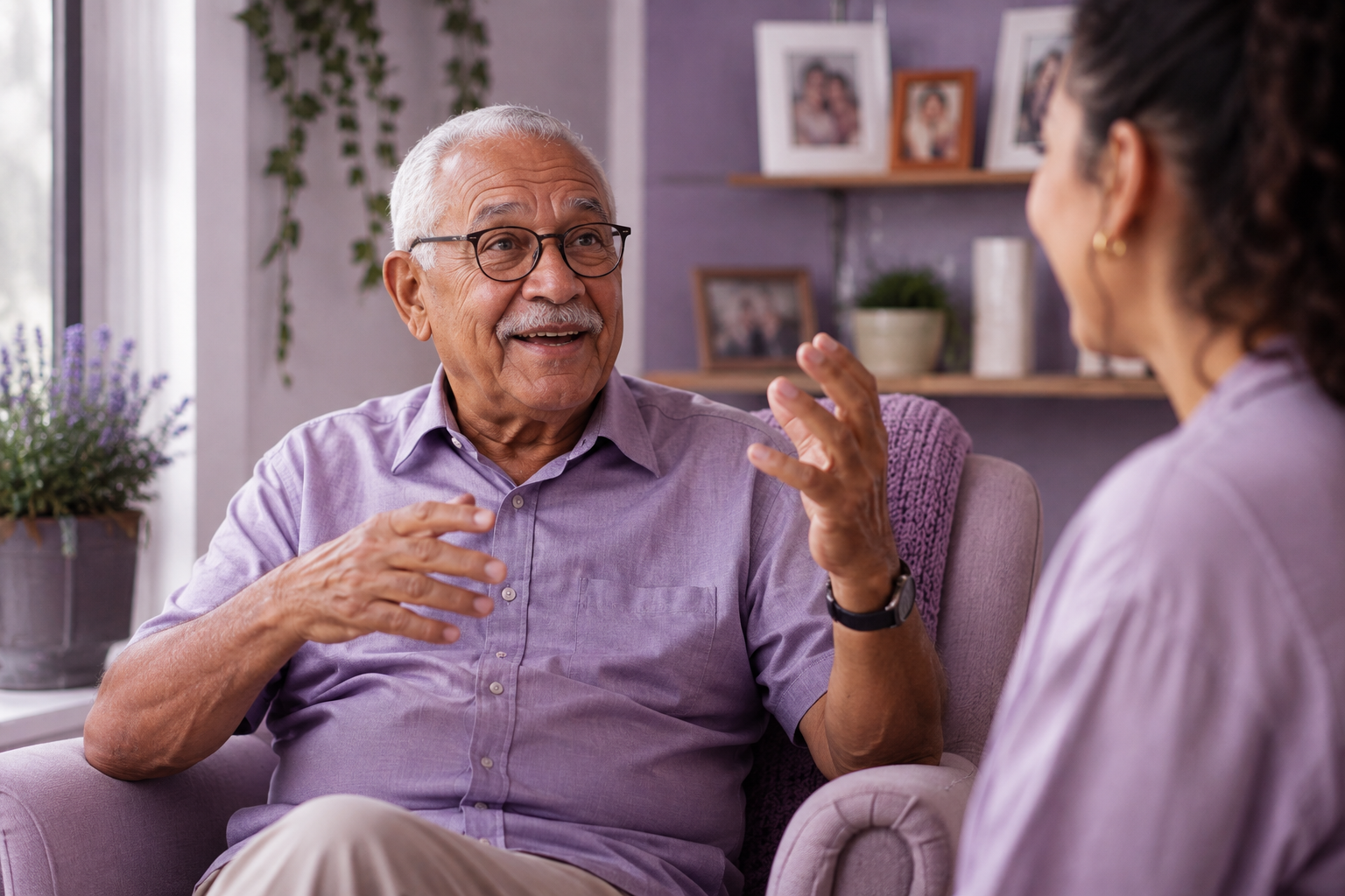 Senhor conversando em atendimento
